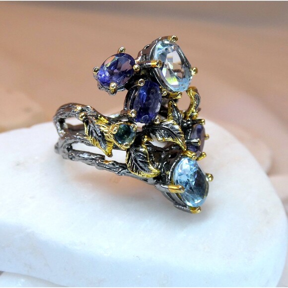Stunning Blue Topaz- Iolite Sterling Silver Ring Botanical Vines Size 8 Cocktail - Picture 4 of 9
